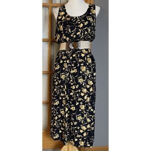 Vtg 80s 90s Bentley Floral Midi Dress Sz 8 Black Beige Cottagecore Country Boho
